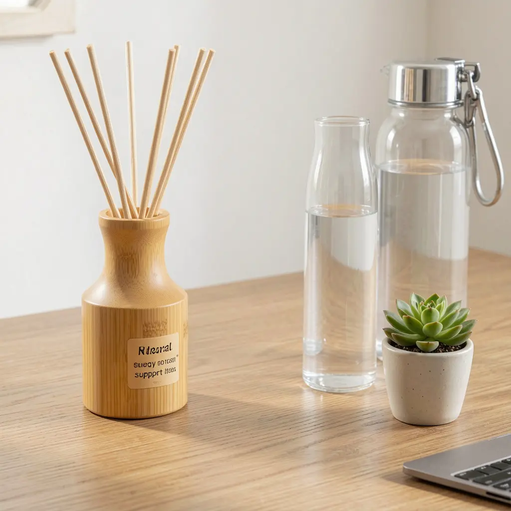 Natural energy support items on a wooden desk